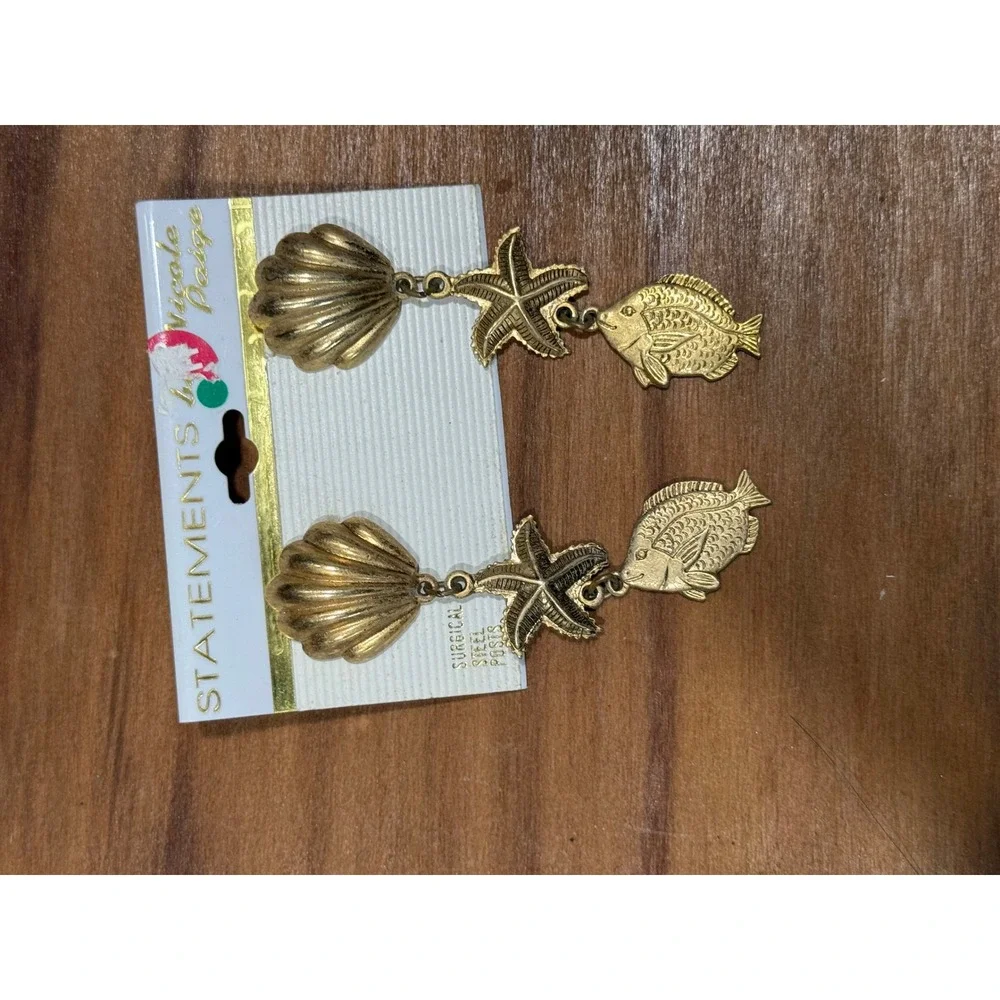 Nicole‎ Paige Statement Earrings Gold Tone Seashell Starfish Fish Dangle vtg